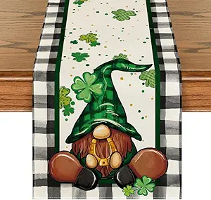 Photo 1 of Artoid Mode Buffalo Plaid Shamrock Gnome St. Patrick's Day Table Runner, Seasonal Spring Holiday Kitchen Dining Table Decoration for Indoor Outdoor Home Party Decor 13 x 36 Inch