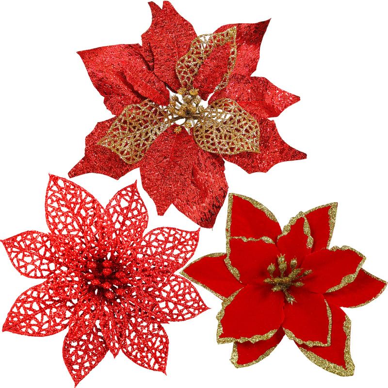 Photo 1 of 24 Pcs 4 Styles Christmas Red Glitter Metallic Mesh Artificial Poinsettia Flower Stems Tree Ornaments in Box for Red Christmas Tree Wreaths Garland Floral Gift Winter Wedding Holiday Decoration