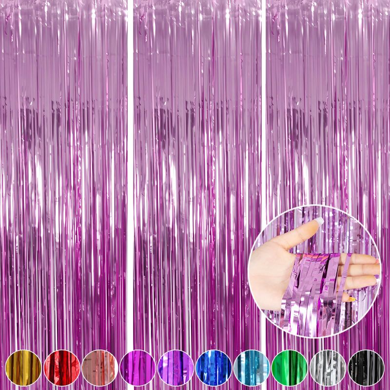 Photo 1 of 3 Pack 3.3x8.2 Feet Light Pink Fringe Curtains Party Decorations,Tinsel Backdrop Curtains Birthday Decorations, Baby Shower, Disco Party, Wedding, Graduation