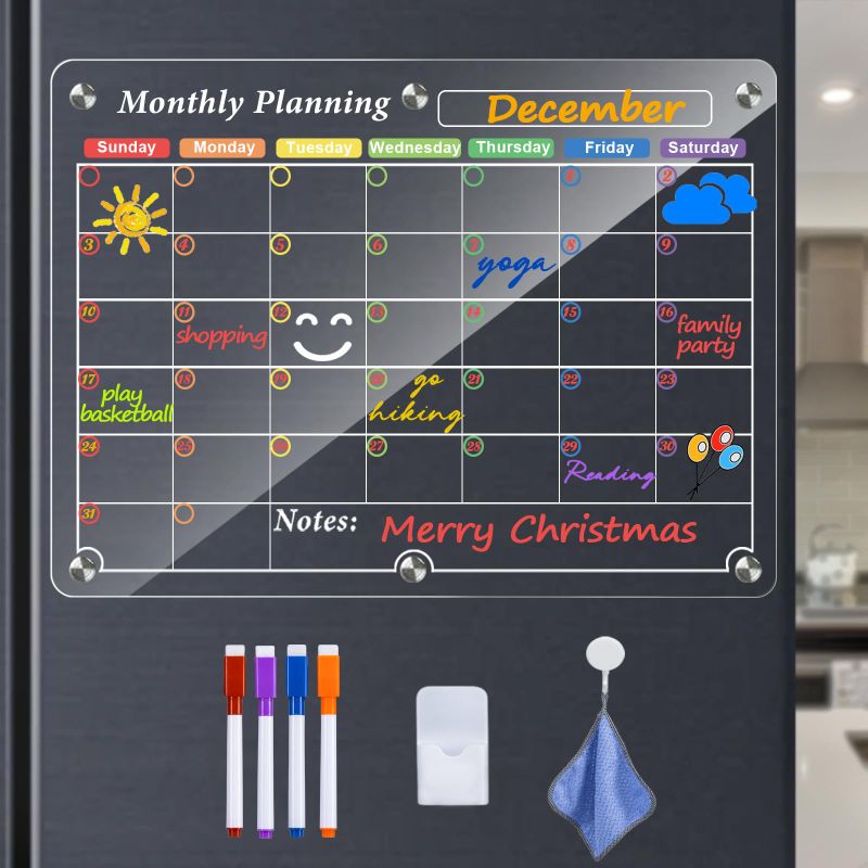 Photo 1 of Neepiar Clear Acrylic Magnetic Whiteboard Dry Erase Calendar for Fridge, 16" x 12" Refrigerator Includes 4 Dry Erase Markers with 4 Colors?Monthly Planner? Monthly Planner Clear