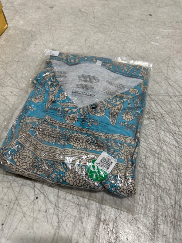 Photo 1 of ANGGREK Womens Floral Print Tunic Tops for Legging Summer Short Sleeve Shirts Loose Fit Casual Flowy Ruched Hem Henley Blouse X-Large Blue-khaki