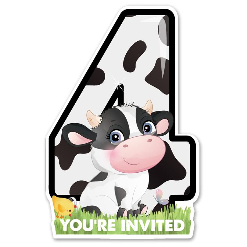 Photo 1 of 20 Cow 4th Birthday Party Invitations with Envelopes Double Sided Farm Cow Shaped Fill-in Invitations Invites for 4 Year Old