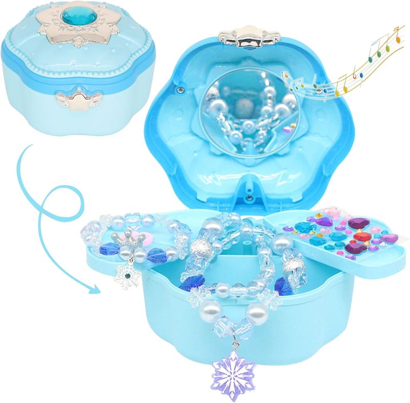 Photo 1 of Zubumdy Kids Girls Musical Jewelry Box Princess Jewelry Set Necklace Bracelet Ring Princess Dress Up Gift Set Blue 