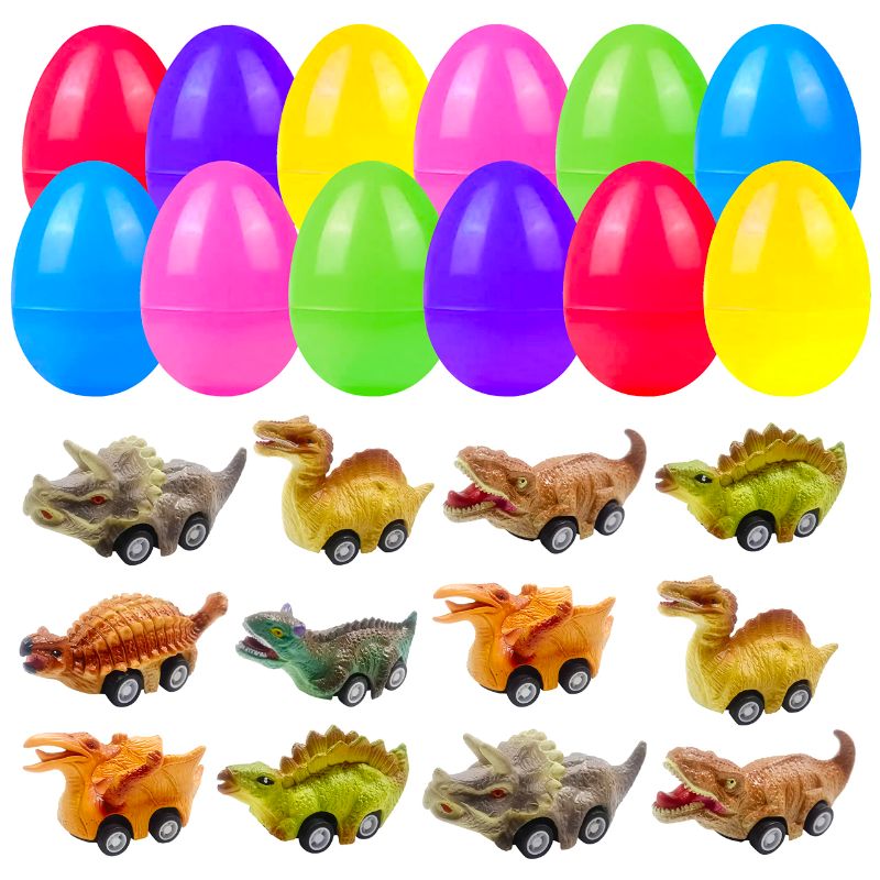 Photo 1 of Cherislpy 12 Pack Easter Eggs with Dinosaur Pull Back Cars Holiday Party Favors for Kids Boys Toddlers Easter Basket Stuffers,Easter Egg Hunt