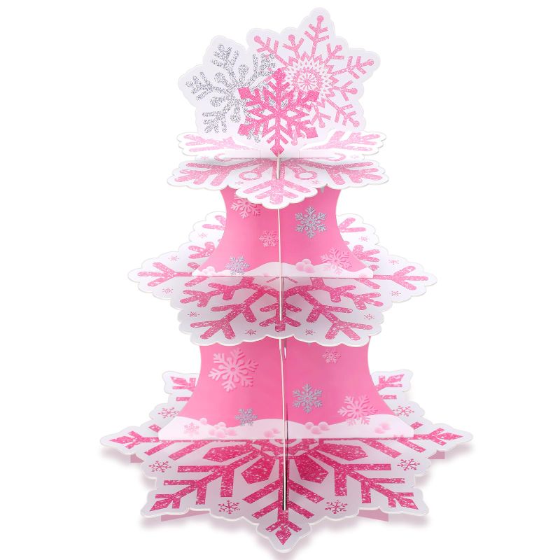 Photo 1 of Zopeal 3 Tier Snowflake Cupcake Stand Winter Cake Stand Winter Dessert Tower Frozen Cupcake Tray Holder Snowflake Cake Stand for Birthday Party Christmas Holiday Decoration Supplies (Pink)