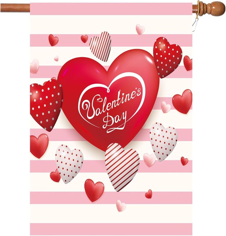 Photo 1 of  Valentine's Day Flag,28x40 Inch Valentine's Heart Garden Flag with Two Grommets Double Sided Printing 2 Layer Burlap Valentine Flags for Your Valentine's Day Decoration