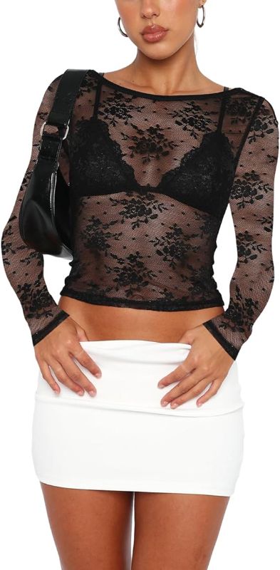 Photo 1 of  Women Going Out Tops Long Sleeve Sexy Lace Mesh Sheer Y2k Crop Top T Shirts Blouse 2023 Women Clothing Streetwear Size M 