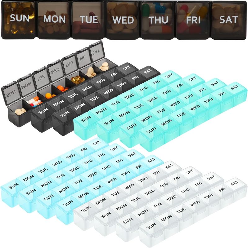 Photo 1 of 16 Pcs Large Weekly Pill Organizer 7 Day Pill Box Daily Pill Case Supplement Organizer Medicine Box Pill Container Vitamin Dispenser Organizer for Vitamins Fish Oil (Black, White, Blue, Green)