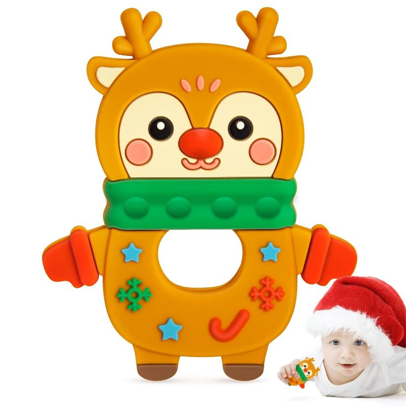 Photo 1 of  Christmas Deer Baby Teething Toy 3-12 Months, Christmas Cute Deer Themed Infant Gifts Teething Toy, Baby Theether Toy Holiday Gifts, Christmas Baby Teethers Toy Soft Gifts Baby Girl Boy