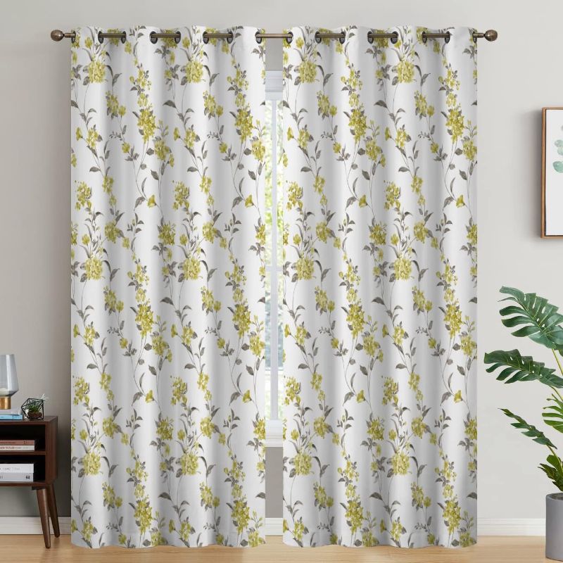 Photo 1 of  Yellow Gray Floral Window Curtain,Vinatge Yellow Gray Floral Leaf Printed Blackout Curtain for Living Room,2 Panel Set Decorative Window Curtain for Bedroom Living Room,104" W X 84" L