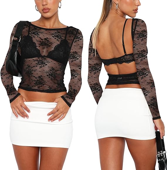 Photo 1 of  Women Going Out Tops Long Sleeve Sexy Lace Mesh Sheer Y2k Crop Top T Shirts Blouse 2023 Women Clothing Streetwear Size S
