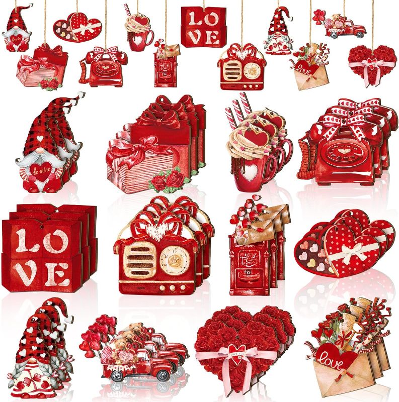 Photo 1 of 36 Pcs Valentine's Day Wood Ornaments Valentines Tree Decorations Valentines Wooden Hanging Ornament Love Heart Gnomes Wood Cutouts Pendant for Small Tree Valentine's Day Home Party Decor