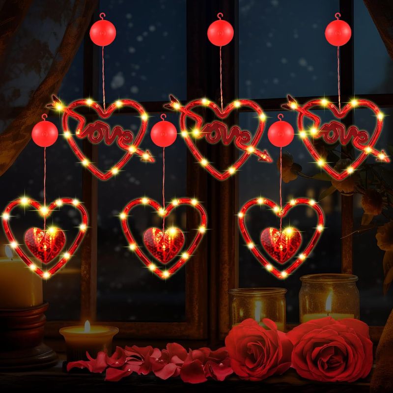 Photo 1 of  6 Pcs Valentine's Day Window Lights Valentines Hanging Red Heart String Lights with Suction Cup Battery Operated Heart LED Light for Valentine's Day Anniversary Wedding Home Decor(Love)