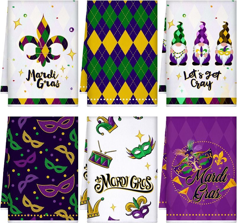 Photo 1 of  6 Pcs Mardi Gras Kitchen Dish Towel Carnival Mask Hand Towel Tea Towels for Kitchen Drying Baking Cooking Cloth for Holiday Kitchen Decor