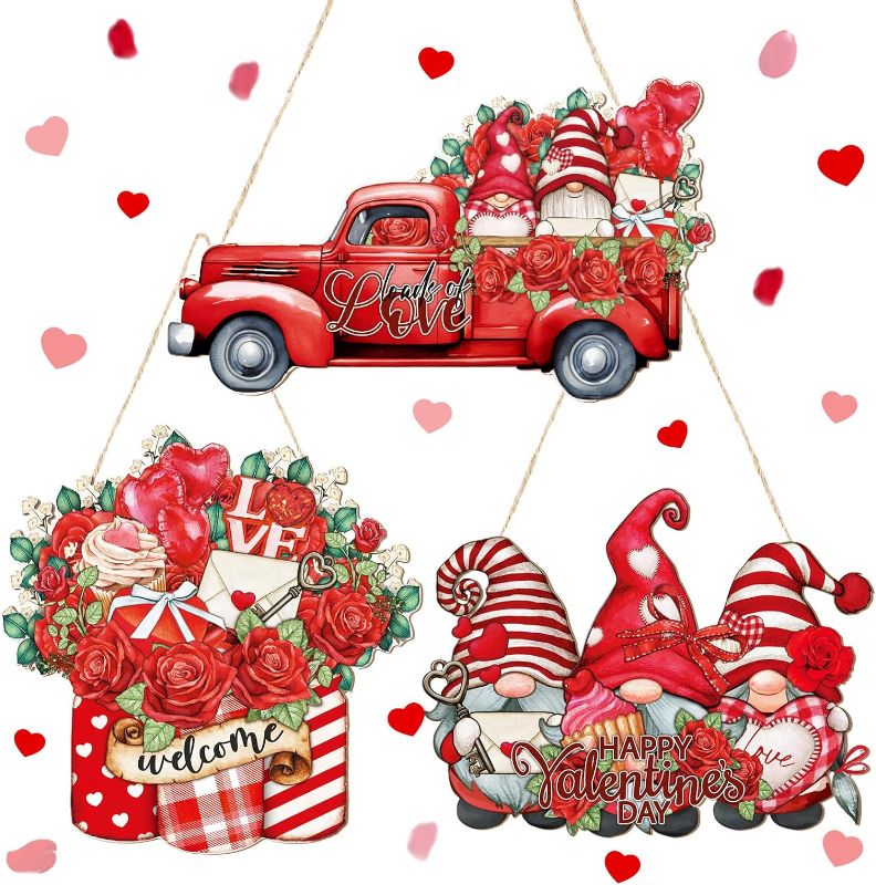 Photo 1 of 3 Pcs Wooden Hanging Sign Gnomes Flower Truck Wreaths Sign Front Door Welcome Decorations for Front Door Home Porch Farmhouse Decorations (Red Rose)