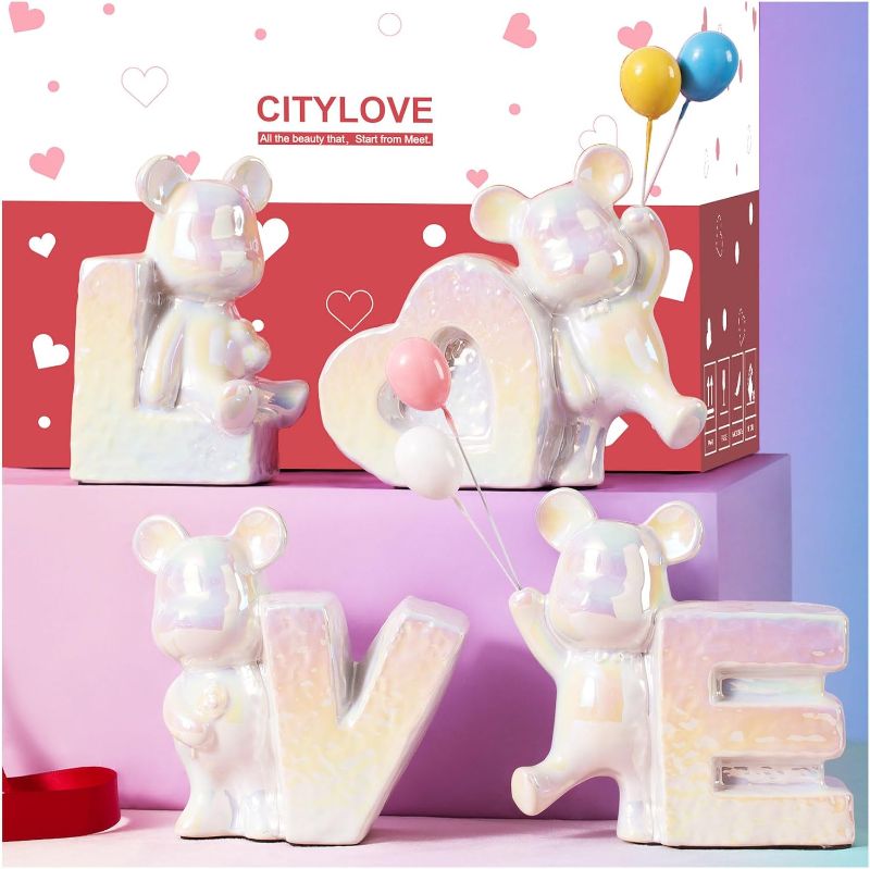 Photo 1 of  Valentines Day Gift for Her/Bear Statue Home Decor Gifts/Ceramics Love Bear Figurines/Birthday Gifts for Women/Office Living Room Dining Desk Bookshelf TV Stand Decorations/4 Piece Set