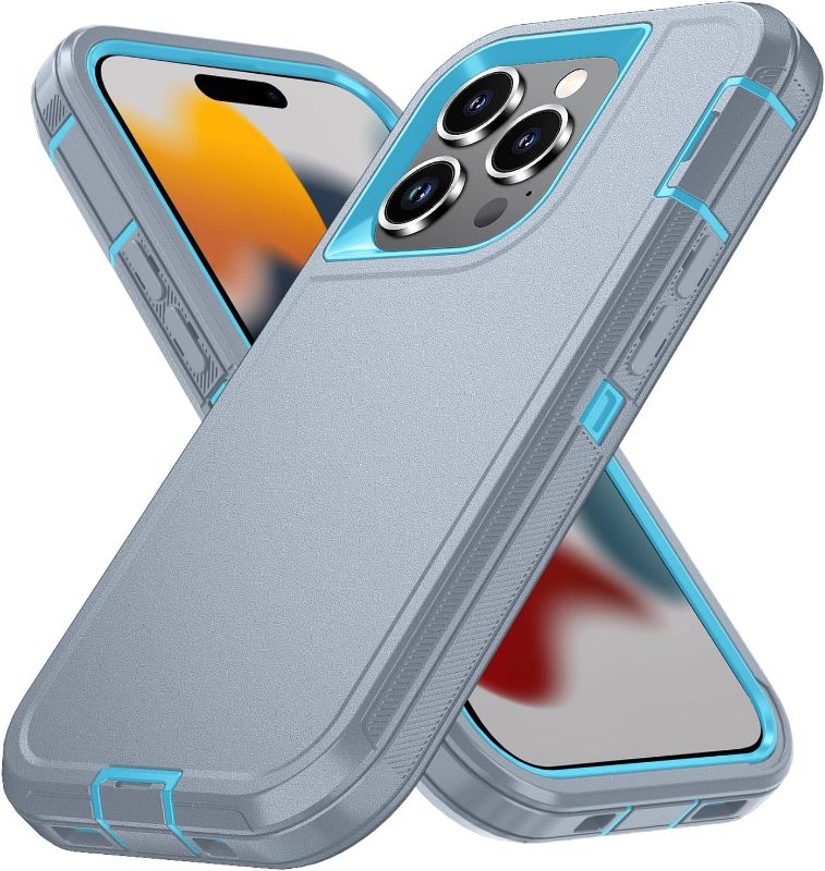 Photo 1 of iPhone 15 Pro Case [Shockproof] [Dropproof], with Port Protection,Heavy Duty Protection Phone Case Cover for Apple iPhone 15 Pro 6.1 inch (Grey Sky Blue)