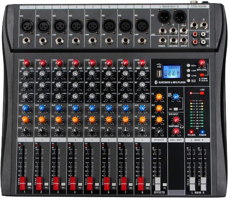 Photo 1 of Depusheng DX8 Professional Mixer Sound Board Console 8 Channel Desk System Interface Digital USB MP3 Input 48V Phantom Power Stereo DJ Studio FX Steel Chassis,Black Bluetooth USB Audio Mixer for PC
