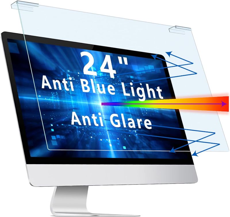 Photo 1 of Blue Light Screen Protector for 24 Inch Monitor, Anti Glare Computer Screen Cover Filter Film with Hanging Bracket, Computer Screen Blue Light Blocker for Eye Protection (21.3” x 13.4”, depth 0.63")
