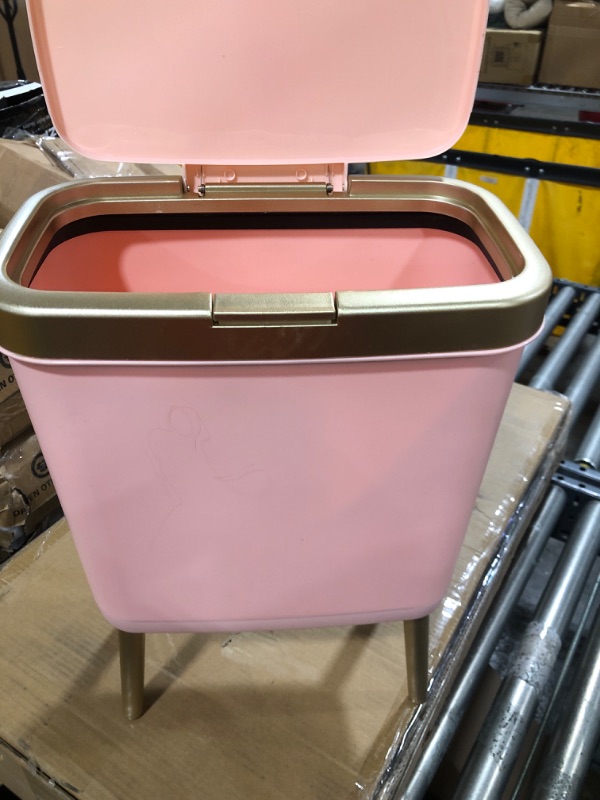 Photo 2 of Procade Bathroom Trash Can with Lid, 4 Gallon Pink Garbage Can, Tall Plastic Trash Bin with Push Button, Slim Gold Trash Can Waste Basket for Room, Bedroom,Office,Kitchen