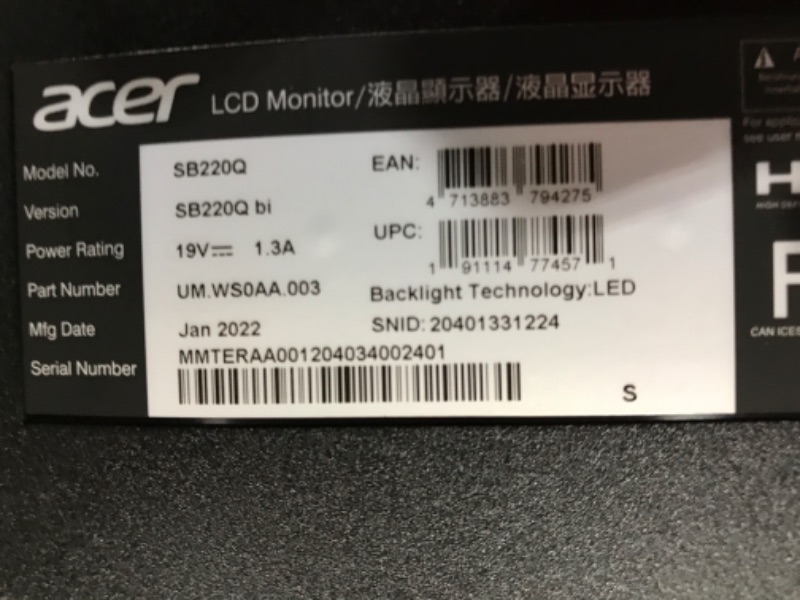 Photo 1 of Acer 21.5 Inch Full HD (1920 x 1080) IPS Ultra-Thin Zero Frame Computer Monitor (HDMI & VGA Port), SB220Q bi