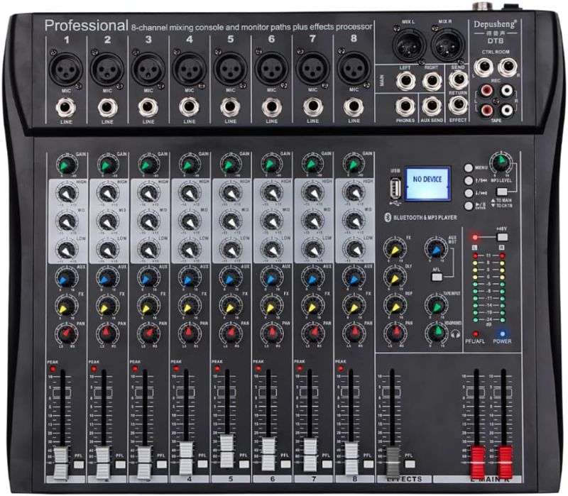 Photo 1 of Depusheng DT8 Professional Mixer Sound Board Console 8 Channel Desk System Interface Digital USB Computer MP3 Input 48V Phantom Power Stereo DJ Studio FX Steel Chassis,Black
