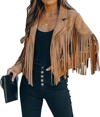 Photo 1 of CHARTOU Casual Faux Leather Jacket Women Motorcycle Jacket Fringe Cropped Jacket Utility Tassel Suede Moto Jacket
