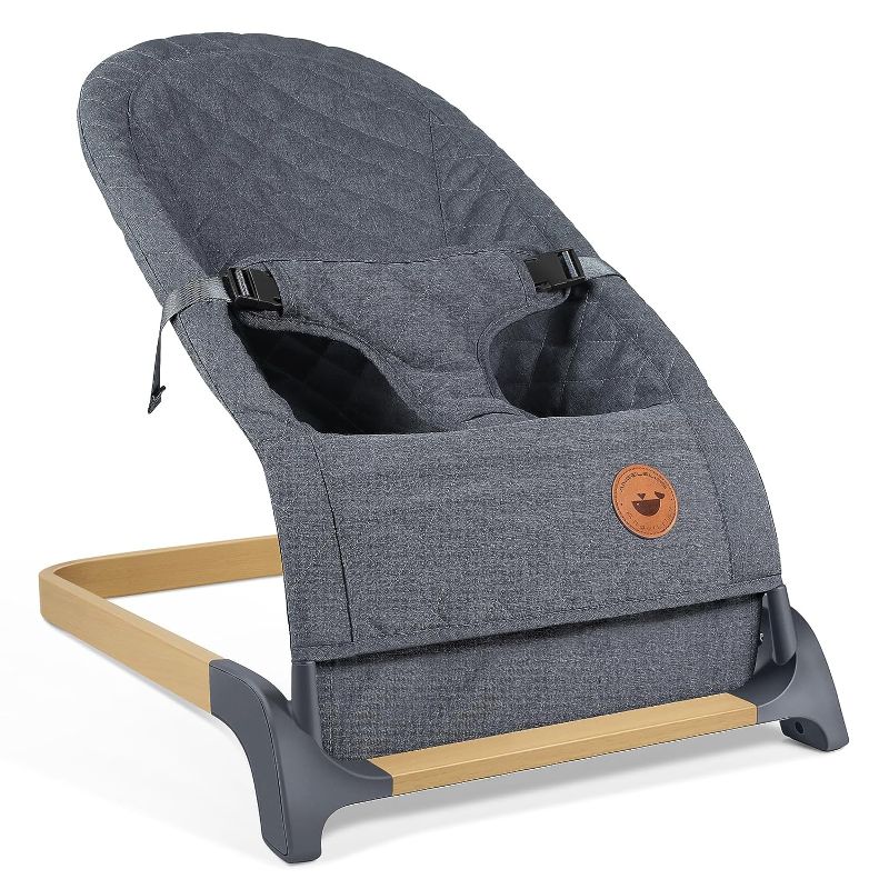 Photo 1 of ANGELBLISS Baby Bouncer, Portable Bouncer Seat for Babies, Infants Bouncy Seat with Wood Grain Base, Natural Vibrations (Grey)
