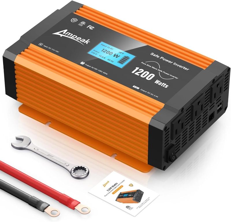 Photo 1 of Ampeak 1200W Pure Sine Wave Inverter 17 Protections Power Inverter DC 12V to AC 120V 4.8A USB Ports 3AC Outlets for Hurricanes, Power Outages-ETL Certified Upgrade
