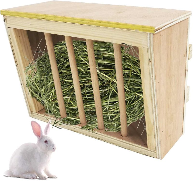 Photo 1 of kathson Rabbit Hay Feeder Rack Wooden Food Feeding Manger Bunny Grass Holder Small Animals Less Wasted Food Dispenser for Rabbits Guinea Pig Chinchilla Hamster
