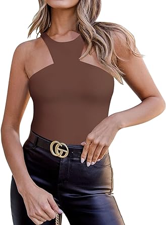 Photo 1 of Adreamly Women's Sexy Sleeveless Racer Back Asymmetrical Neck Bodysuit Tank Tops Size S