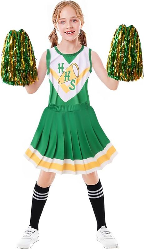 Photo 1 of CYNICISM Chrissy Cheerleader Costume Girls Hawkins Cheerleader Outfit Kids Cheerleading Uniform Dress Up Accessories Green 150