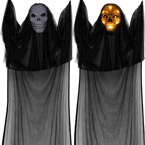 Photo 1 of 12.3ft Halloween Ghost Decorations, Scary Hanging Reaper with Creepy Sound Skull Mask, Spooky Flying Ghost for House, Halloween Indoor Outdoor Decor