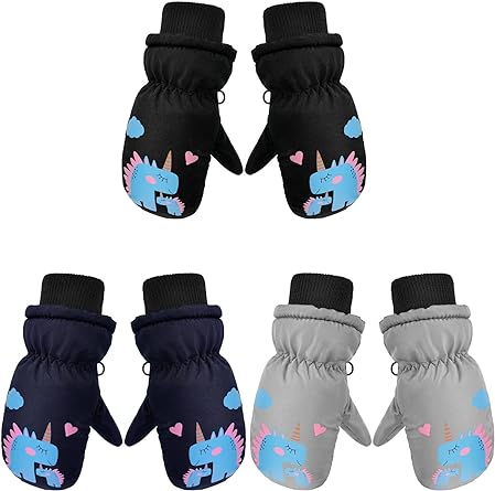 Photo 1 of 3 Pairs Kids Ski Mitten Toddler Winter Waterproof Snow Gloves Unisex Cold Weather Warm Mitten for Girls Children Boys Skiing Snowboarding