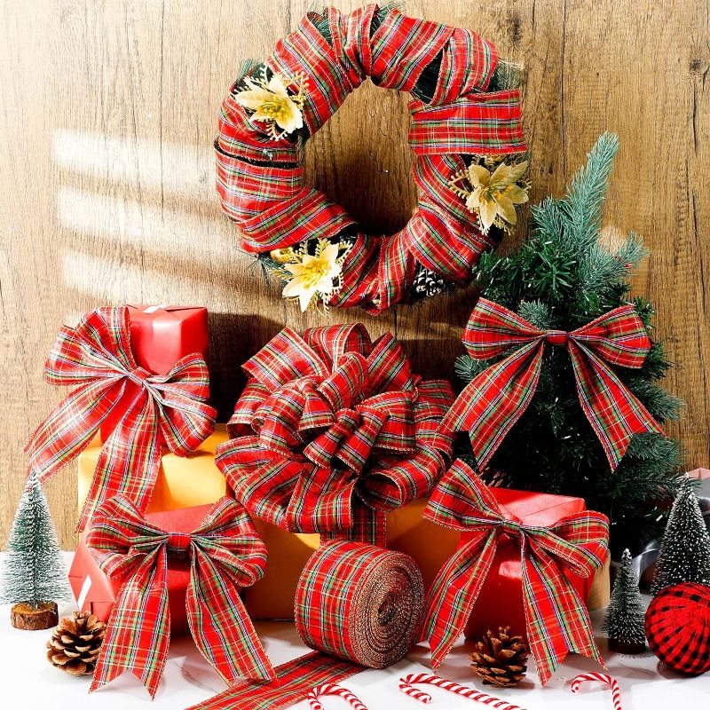Photo 1 of 50 Yard Plaid Christmas Wired Ribbon 2-1/2 Inches Traditional Red Tartan Plaid Christmas Holiday Ribbon Green Red Gold Plaid with Gold Edge for Garland Home Decor Gift Wrapping DIY Crafts
