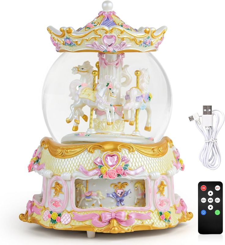 Photo 1 of  Carousel Horse Snow Globe Gift, Rotating Music Box with USB Charge Birthday for Wife Daughter Girlfriend Husband Musical Changeable Lights Snowglobes Plays Multiple Songs