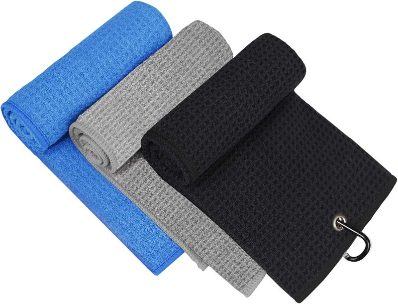 Photo 1 of  3 Pack Golf Towel for Bags with Clip and Microfiber Waffle Pattern, Tri-fold Blue, Black and Gray