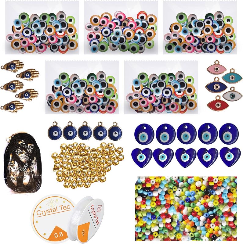 Photo 1 of 1975 Evil Eye Beads for Jewelry Making 8mm Colorful Flat Round Evil Eye Charms Bracelet Making Kit with Seed Beads and Glass Blue Eye Pendants for Craft DIY Necklace Anklets Earring