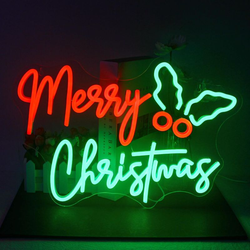 Photo 1 of  Holly Berry Merry Christmas Neon Sign Red Green Xmas Led Lights for Wall Decor Usb Light Up Signs for Bedroom Home Bar Christmas Party Decorations Teens Family Gifts