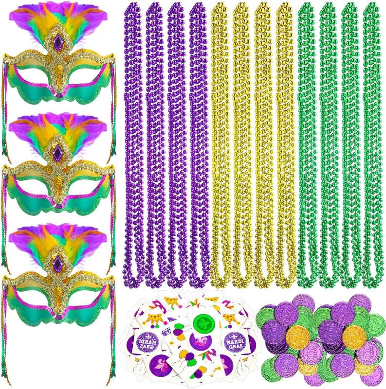 Photo 1 of  120 Pcs Mardi Gras Accessories with Carnival Plastic Mask Masquerade Beads Necklace Plastic Coin Gold Green Purple Temporary Tattoo for Carnival Prom Cosplay Party Supplies Decoration