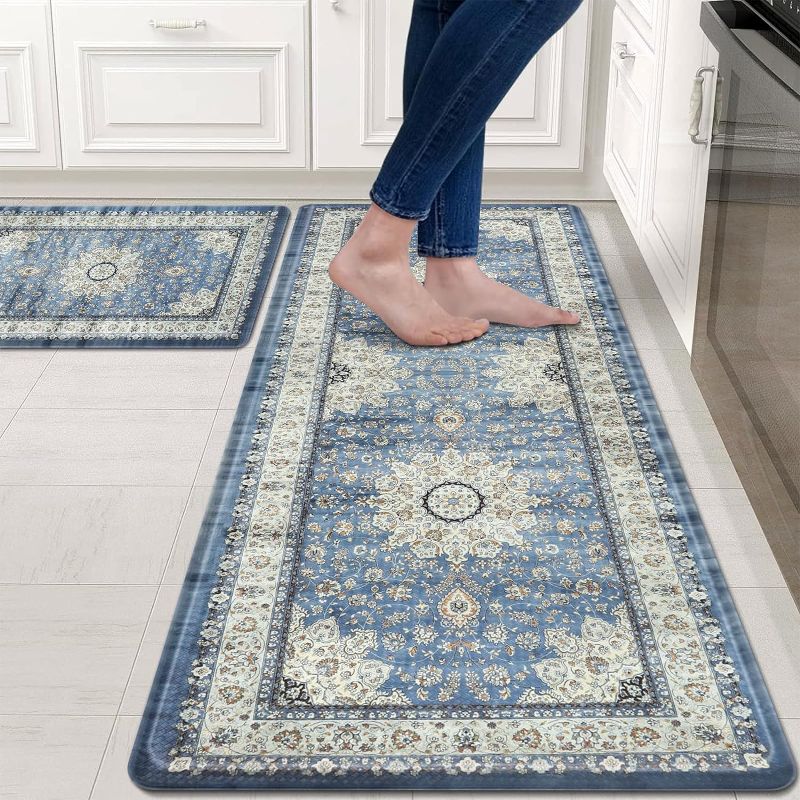Photo 1 of  Boho Kitchen Mat, Cushioned Anti Fatigue Kitchen Rug Set 2 Piece Non-Skid Waterproof Kitchen Mats for Floor, Comfort Heavy Duty Standing Mat for Kitchen, Laundry, Office, Desk(Blue)