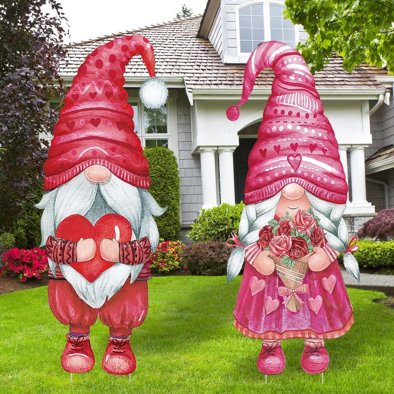 Photo 1 of 2 Pack Valentine's Day Yard Signs Gnomes Heart Flower Outdoor Lawn Decorations Happy Valentines Day Patio Lawn with H Stands for Valentine Party Spring Supplies Lawn Garden Decor, 33 x 12.9 Inch