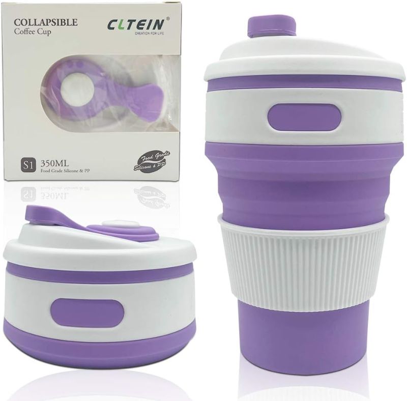 Photo 1 of 12Oz Collapsible Cups for Coffee,Pocket Size and Reuseable Travel Mug with Lid,Food-Grade and BPA Free for Kids and Adults(Purple)