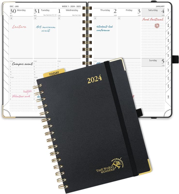 Photo 1 of 2024 Planner Daily Weekly and Monthly 8.5'' x 6.25'' - Vertical Agenda 2024 with Hourly Schedule, Tabs & Calendars, Monthly Planner Spiral Bound Hardcover - Black