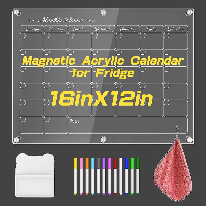 Photo 1 of  Acrylic Magnetic Dry Erase Board Calendar for Fridge, 16"x12"Inches Clear Dry Erase Board Calendar for Refrigerator, Reusable Planner Board Calendar Includes 12 Markers