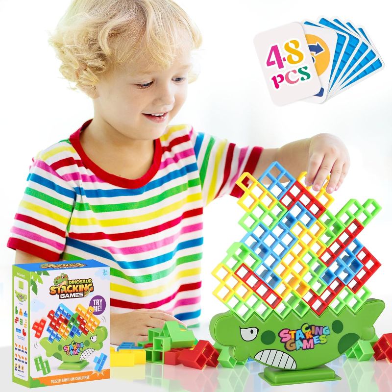 Photo 1 of 48Pcs Tetra Tower Game, Stack Attack Family Board for 2 Players Family Games, Dinosaur Building Blocks Stacking Balance Games Toys for Kids, Adults, Friends, Travel Party and Family Game Night