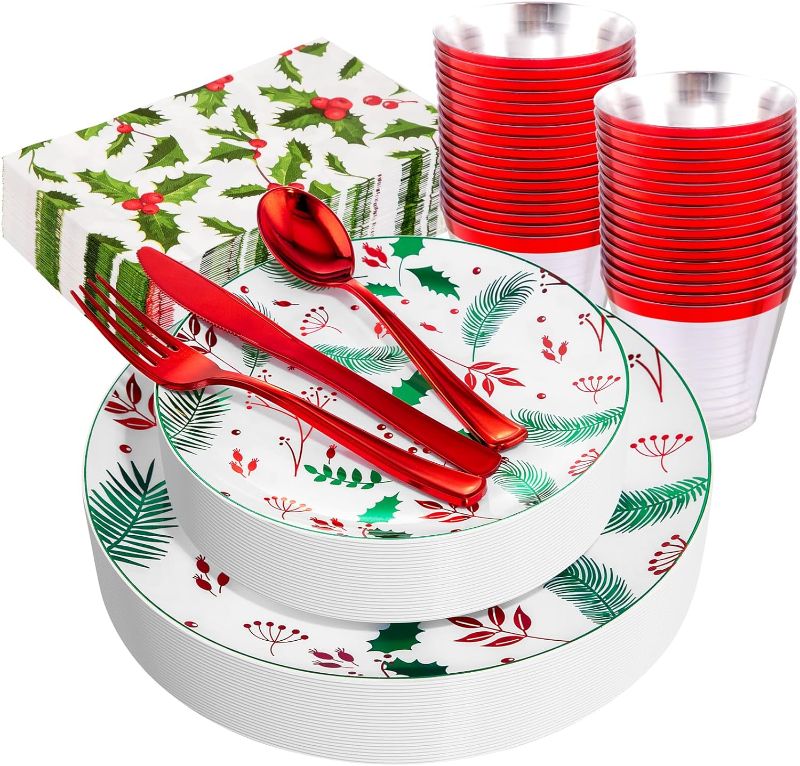 Photo 1 of 175pcs Christmas Plastic Plates - Christmas Plates Disposable with Red Silverware, Red Cups and Paper Napkins Berries and Holly Leaves - Christmas Plates Dinnerware for 25 Guests for Xmas Party
