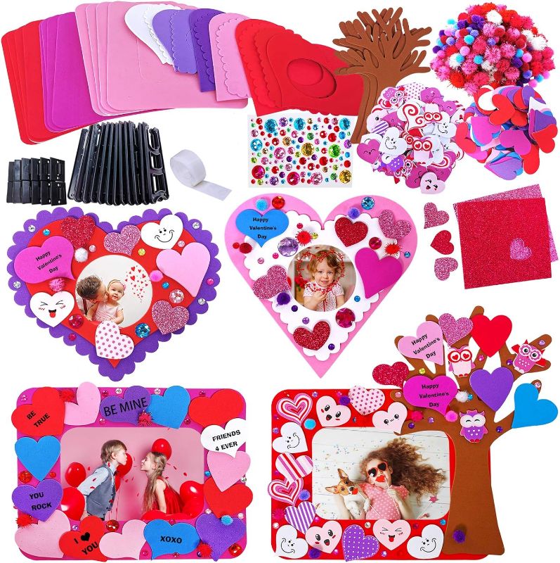 Photo 1 of 12 Sets Heart Picture Frames Decorations Valentine Crafts Kits DIY Heart Frames Art Sets Smile Hearts Foam Valentine Stickers for Kids Valentine's Day Party Classroom Activities Gift Exchange