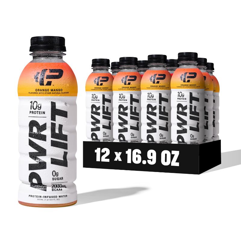 Photo 1 of  Protein Water Sports Drink by PWR LIFT | Orange Mango | Keto, Vitamin B, Electrolytes, Zero Sugar, 10g of Protein | Post-Workout Energy Beverage | 16.9oz (Pack of 12)