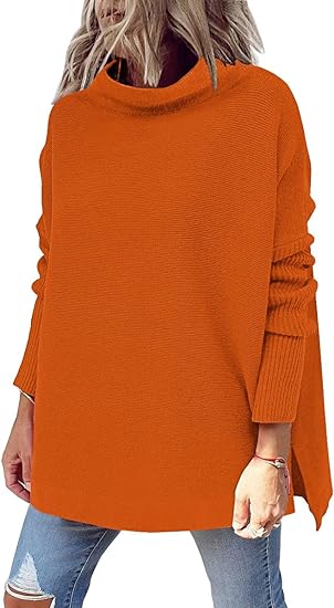 Photo 1 of  Women's Mock Turtleneck Sweater Long Batwing Sleeve Split Hem Casual Oversized Knit Pullover Tunic Tops Size M 